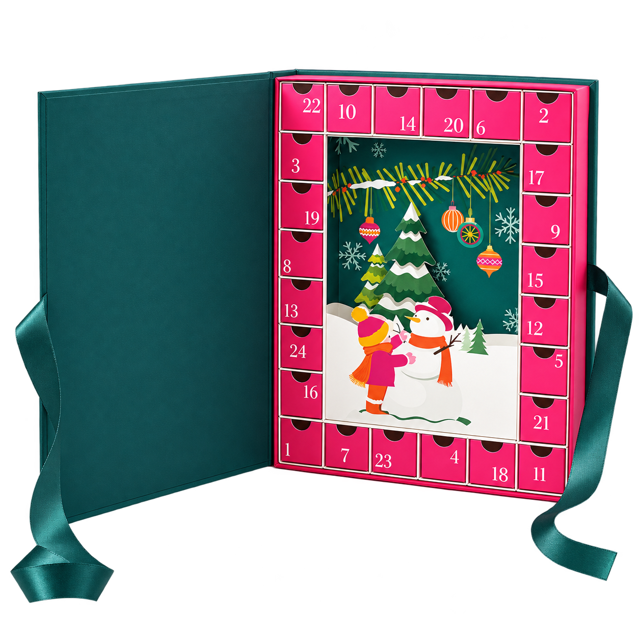 Calendrier de l'Avent chocolat en forme de livre, 24 tiroirs roses et décor de Noël – Chocolaterie des Bauges.
