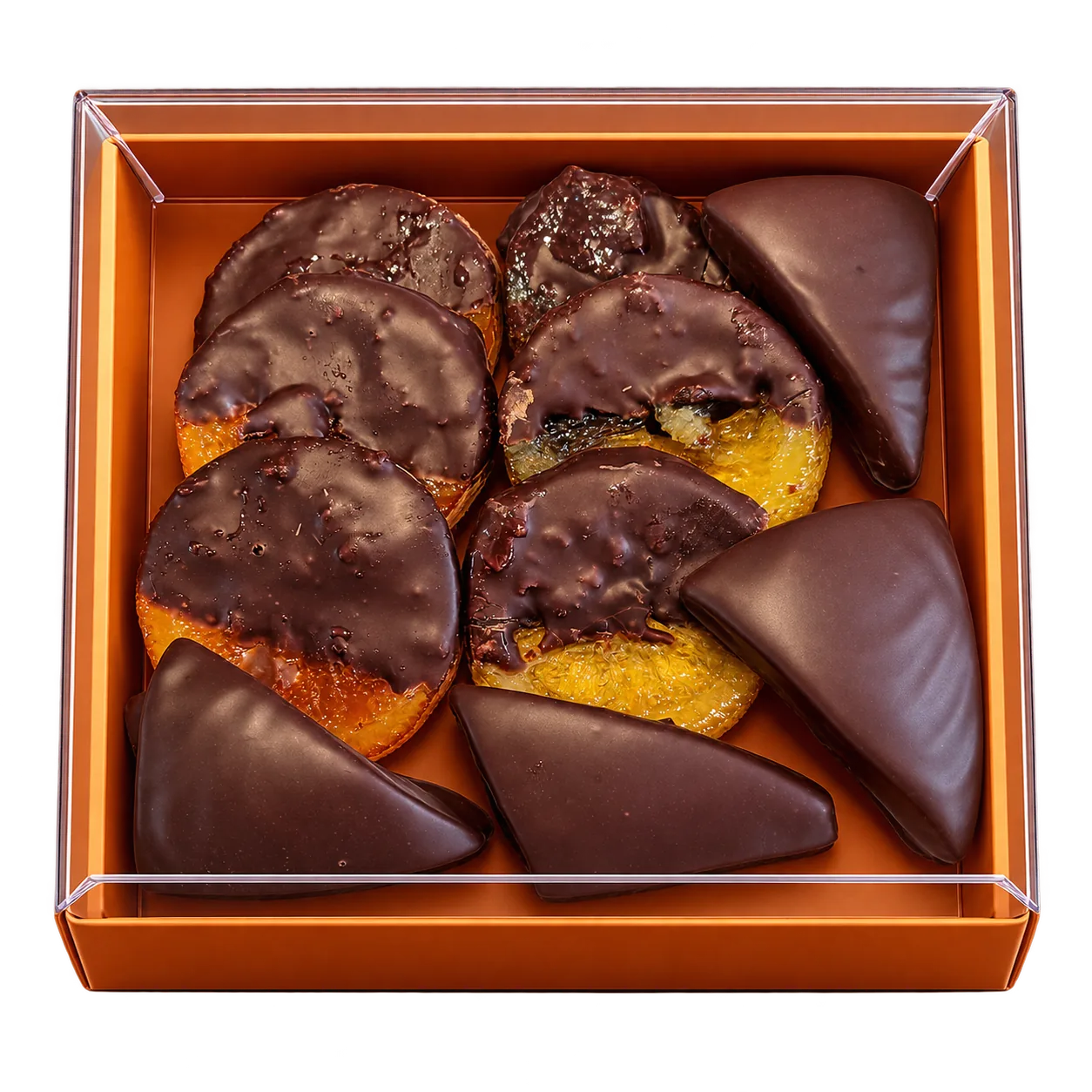 Coffret de fruits confits au chocolat avec orange, citron et pamplemousse